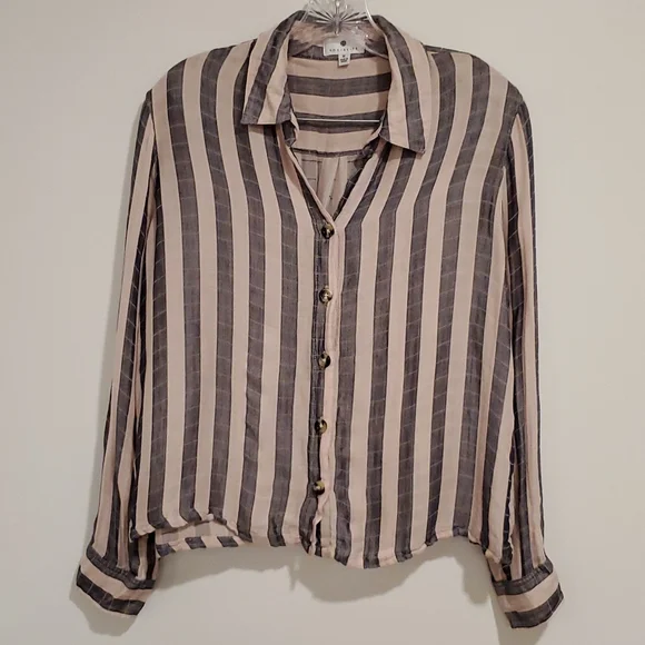 Socialite Gray black and tan stripes long sleeve top Med. - Picture 3 of 5